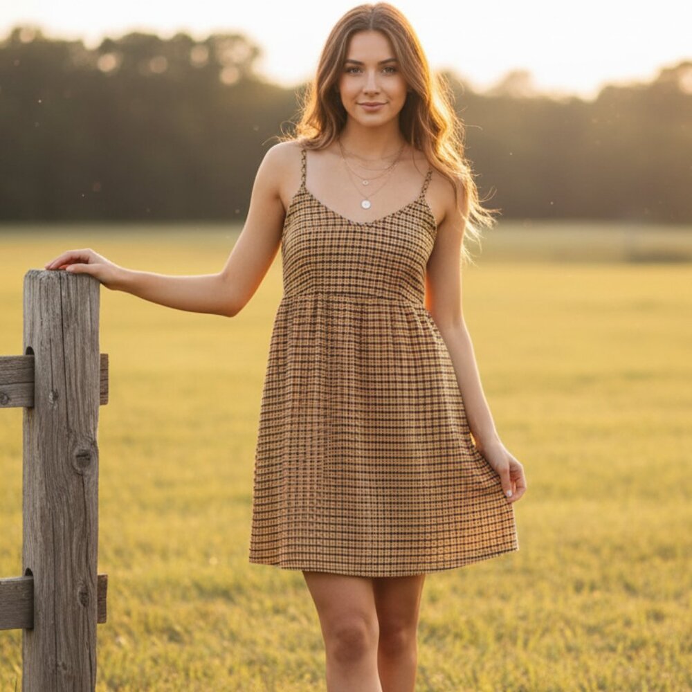 NEW Wild Fable L Mini Slip Dress Brown Plaid Academia Cottage Preppy Grunge Mod